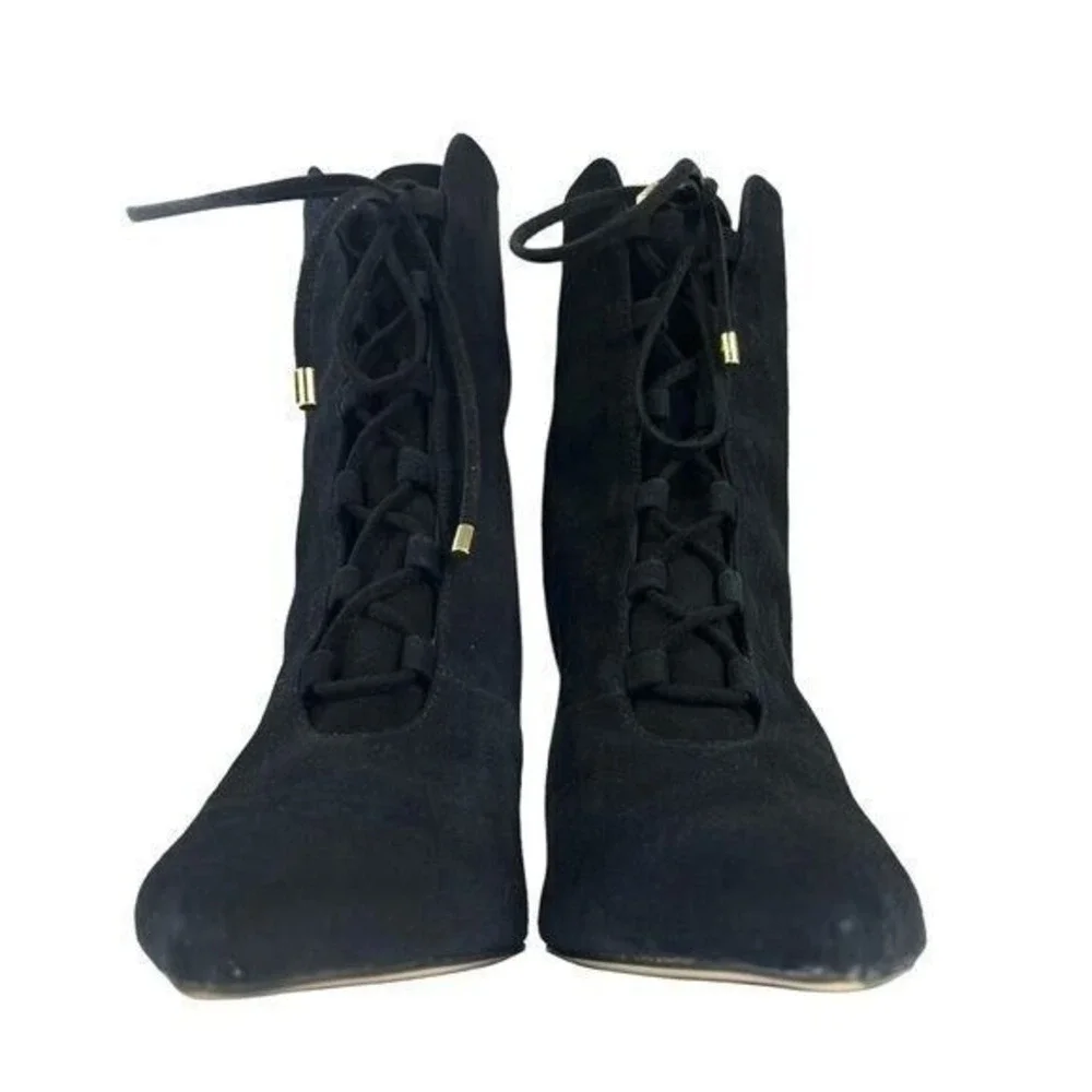 Good American Women 7 Black Suede Lace-Up Stiletto Ankle Bootie Modern Goth Chic